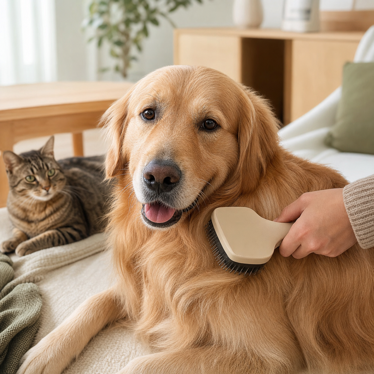 Cepillado suave de un perro para retirar pelo suelto, con un gato al fondo
