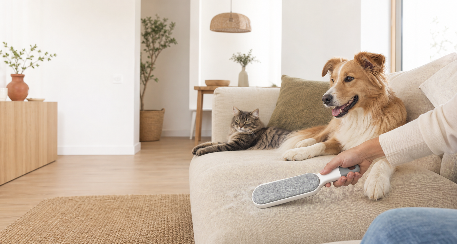 Perro y gato en un sofá mientras se retira pelo de mascota con un cepillo reutilizable